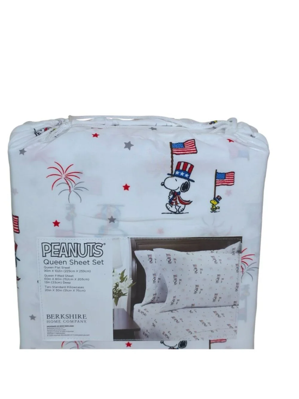 Peanuts 4th of July Queen Sheet Set By Berkshire Snoopy & Woodstock USA Flags